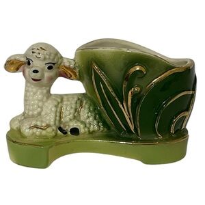 Vintage Shafer Adorable Baby Lamb Ceramic Planter Green Cream Gold-leaf Trim